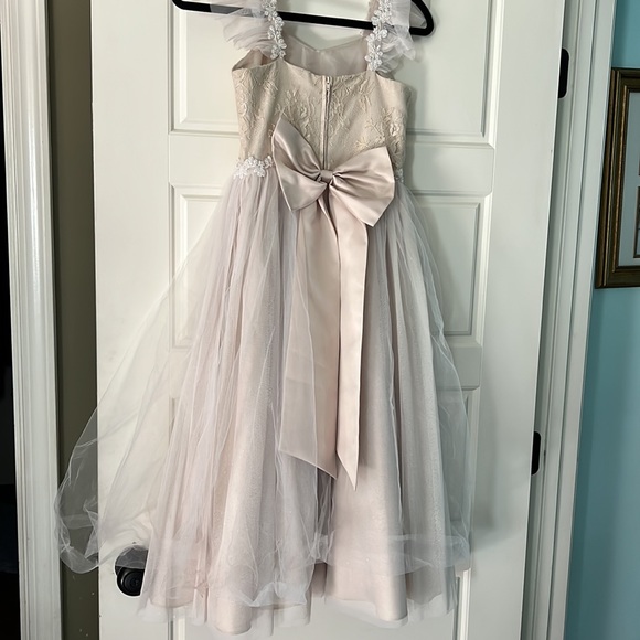 Girls formal dress tulle tutu skirt beige nude long lace bow 10 - Picture 4 of 6